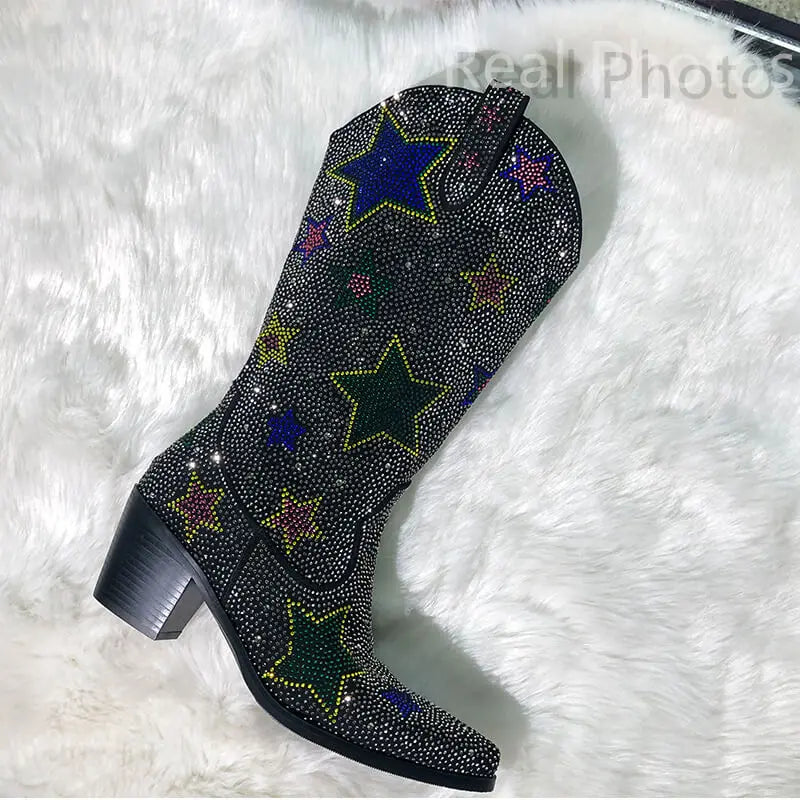Rhinestone Lace Up Mid Calf Western Boots for Women