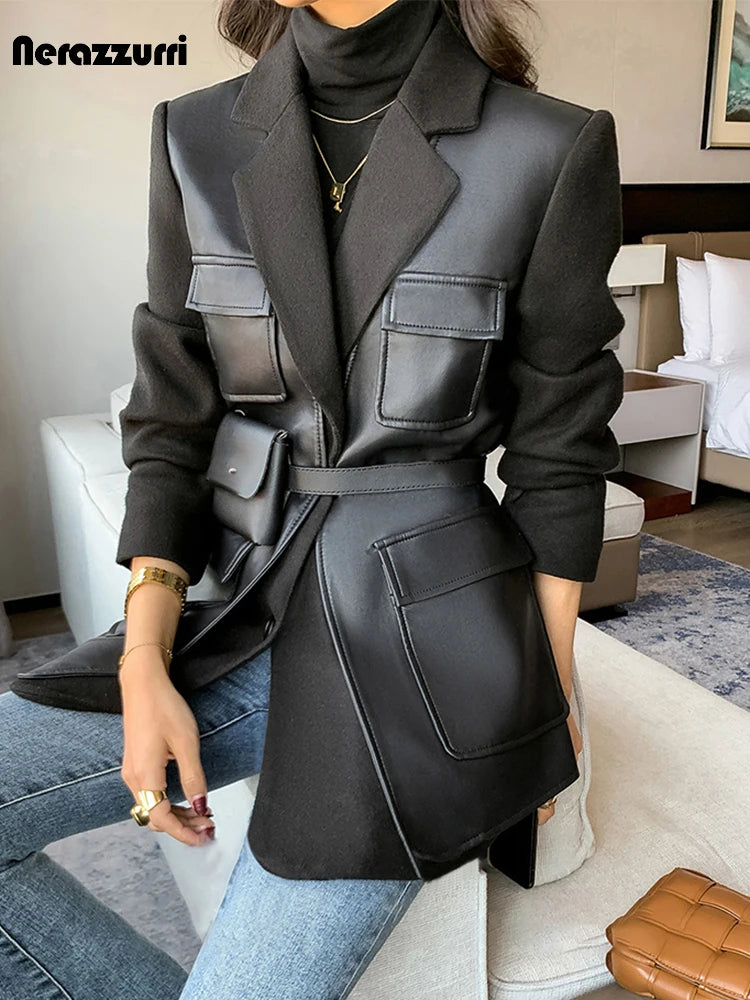 Black Patchwork Faux Leather Jacket With Pockets For Women