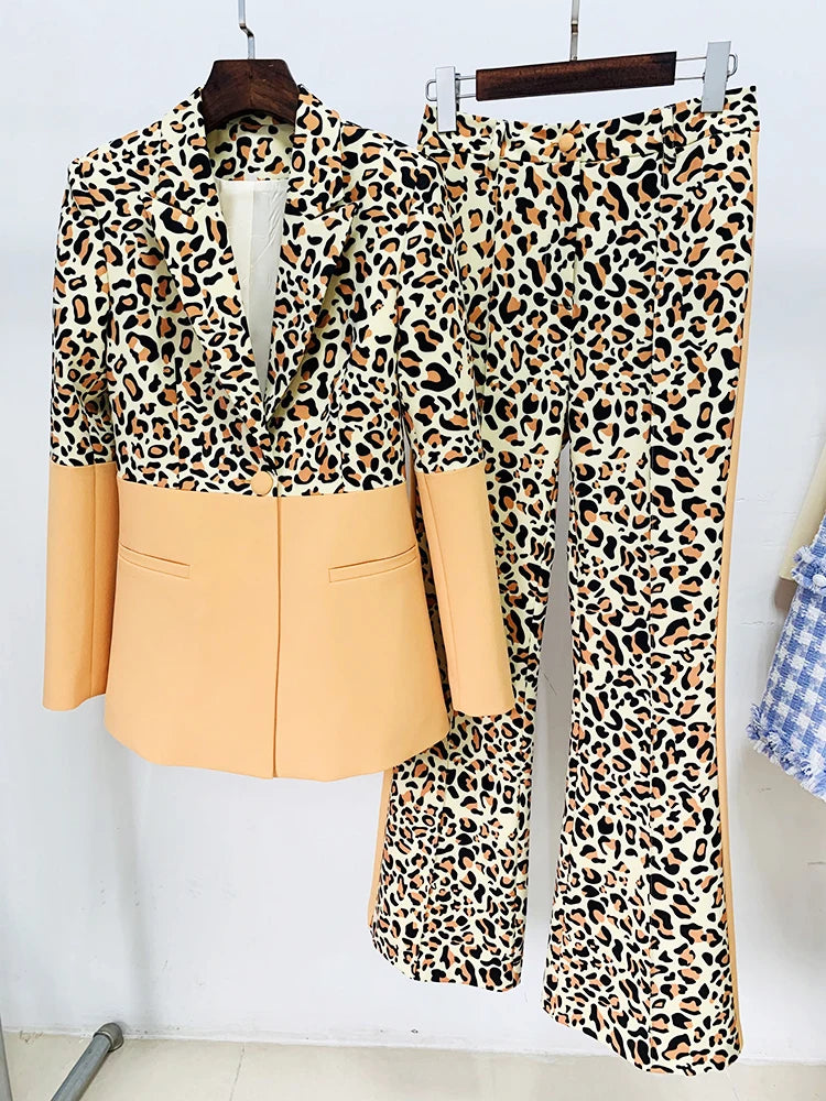 HIGH STREET Newest Fashion 2026 Designer Suit Set Women's Single Button Leopard Printed Color Block Blazer Flare Pants Suit