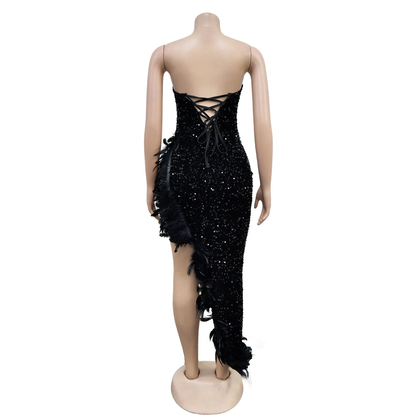 CM.YAYA Women Sequined Mesh Patchwork Strapless Feather Side High Side Split Maxi Dress 2023 Evening Sexy Long Dresses Vestidos