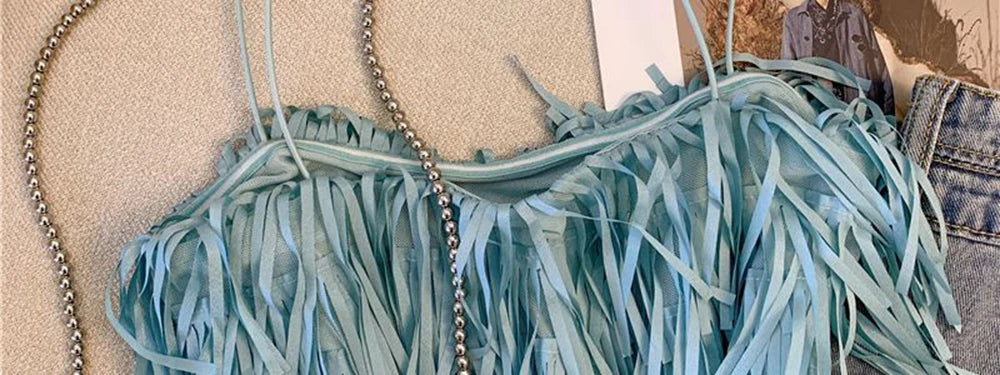 Chic Blue Fringe Tassel Halter Summer Top for Women