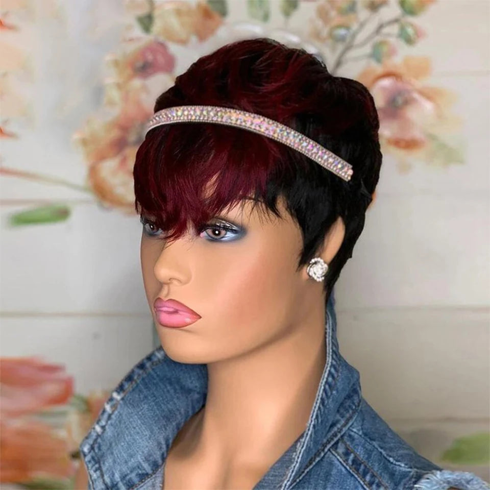 Dark Red Pixie Cut Wig 1B/99J Human Hair Short Bob Wig With Bang Brazilian None Lace Wigs For Women Full Machine Human Hair Wig
