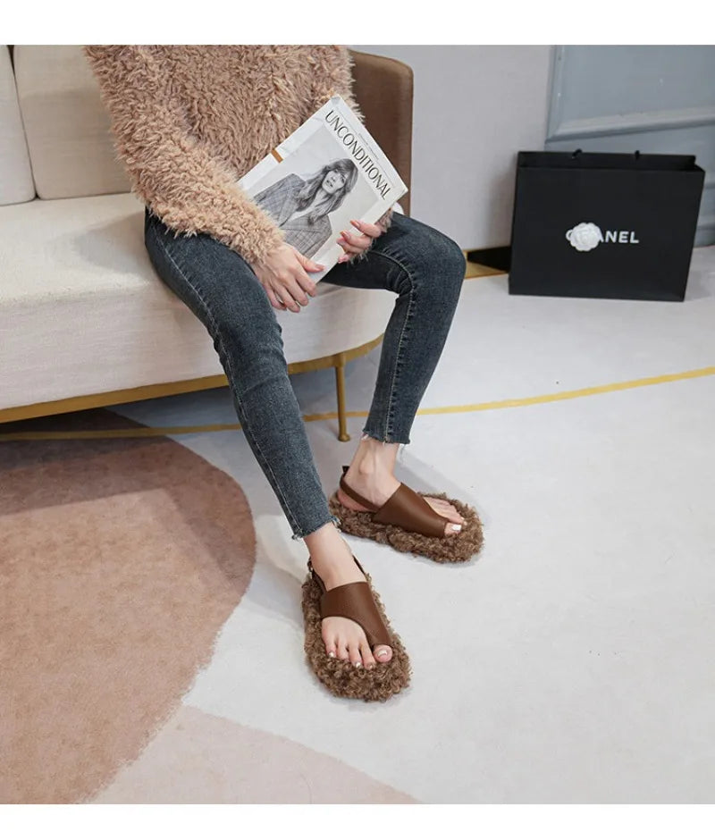 Cozy Plush Buckle Strap Flat Toe Slippers for Women