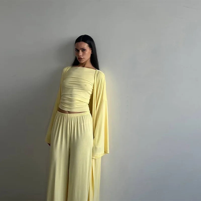 Casual Three Piece Shirt, Coat And Wide Leg Pants Set for Women