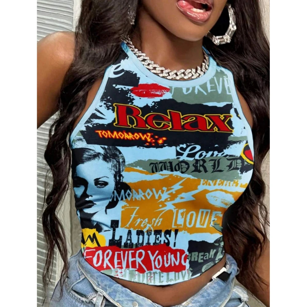 Trendy Letter Print O Neck Sleeveless Two Piece Set for Women