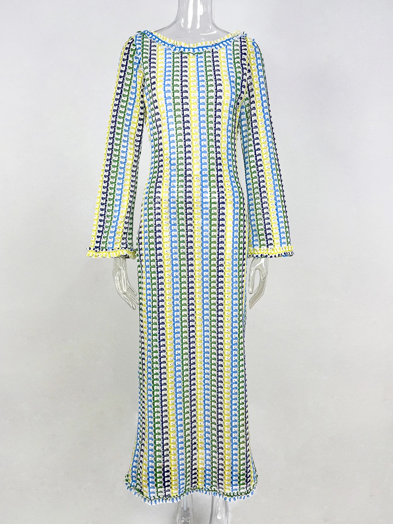 Sexy Backless Flare Sleeve Lace Knit Cut Out Party Beach Maxi Dress 2025 Summer Women Vacation Beachwear Swimsuit Cover Up A2815