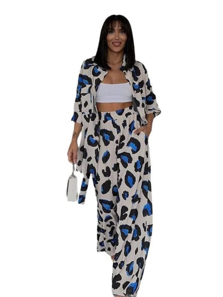 Fashion Leopard Print Women's Two Piece Sets Elegant Casual Button Streetwear Long Sleeve Shirt And Wide Leg Pants 2 Piece Sets