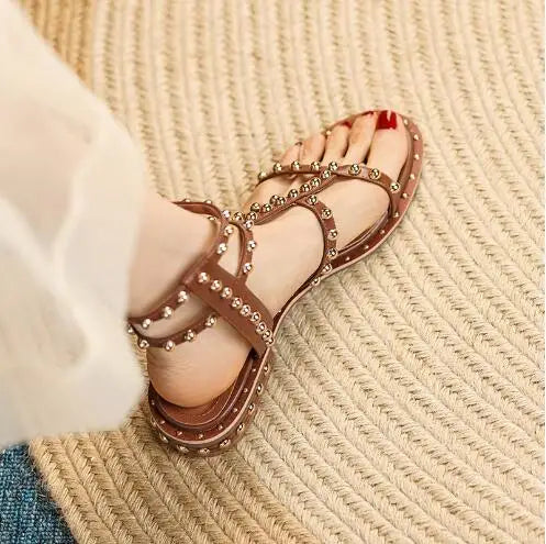 Retro Brown Rivet Studded Open Toe Slingback Sandals for Women