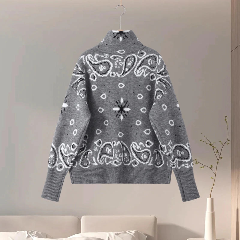 Vintage Jacquard Stand Collar Zipper Front Pocket Cardigan For Women