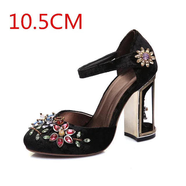 Handmade Rhinestone Embellished Crystal Flower Mary Janes for Women