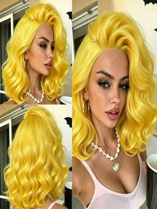 Lemon Yellow Short Body Wave Lace Front Wig for Women