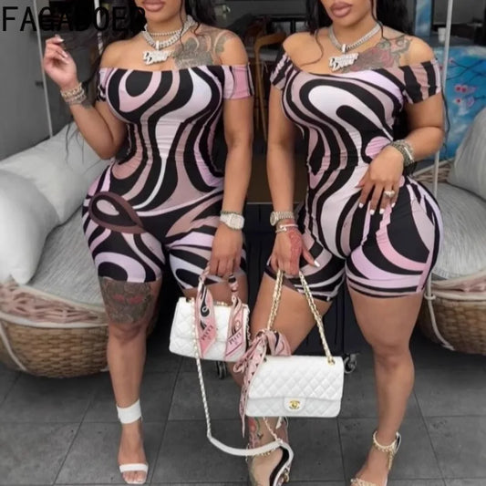 FAGADOER Sexy Stripe Print Bodycon Romper Women Off Showlder Backless One-piece Jumpsuits Hot Girl Streetwear Overalls 2025 New
