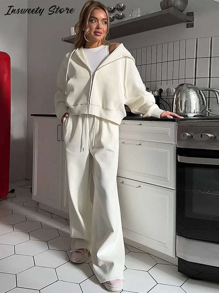 Casual Hooded Jacket and Wide Leg Pants Set for Women