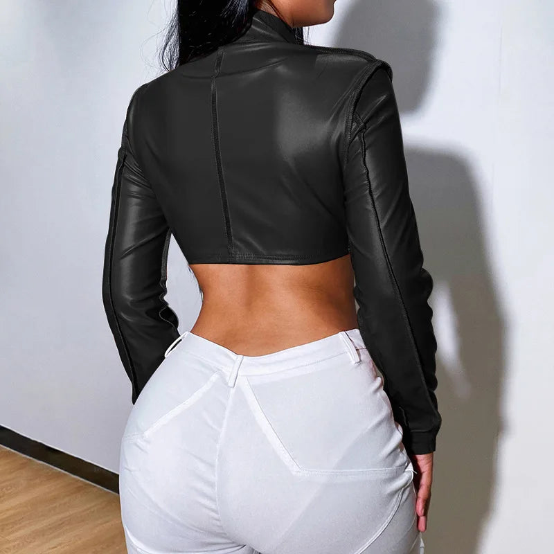 Sexy PU Leather Crop Tops Women Fashion Zipper Slim Fit Stand Collar Long Sleeve Jackets High Street Solid Punk Female Coats