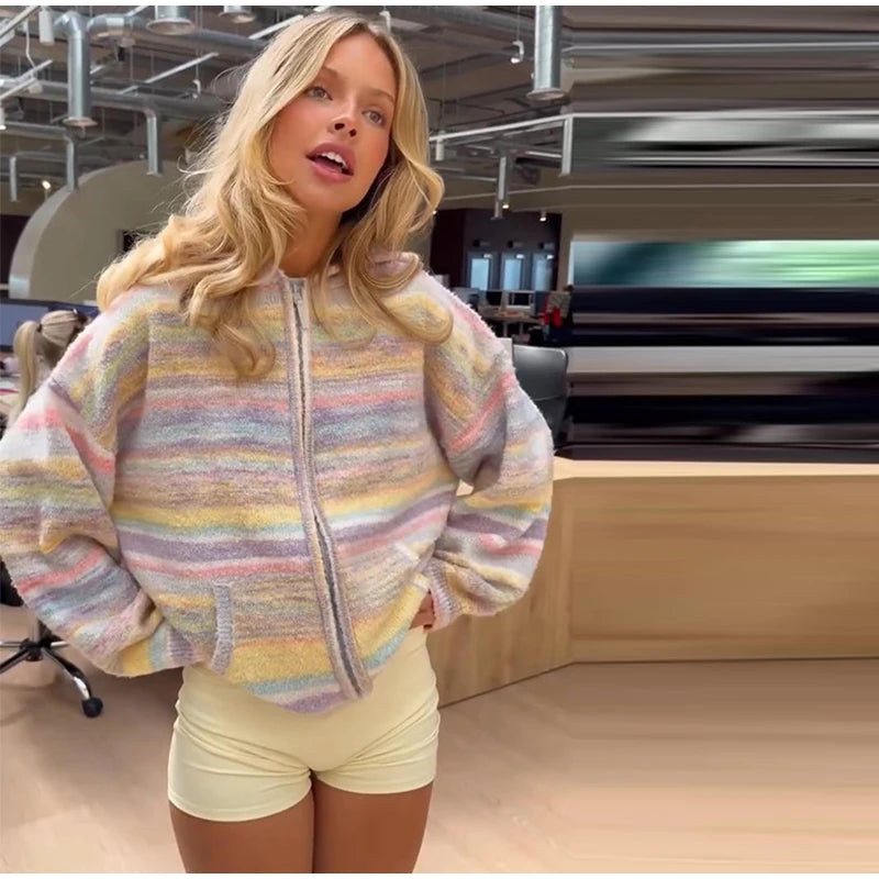 Colorful Rainbow Stripe Hooded Knit Cardigan for Women