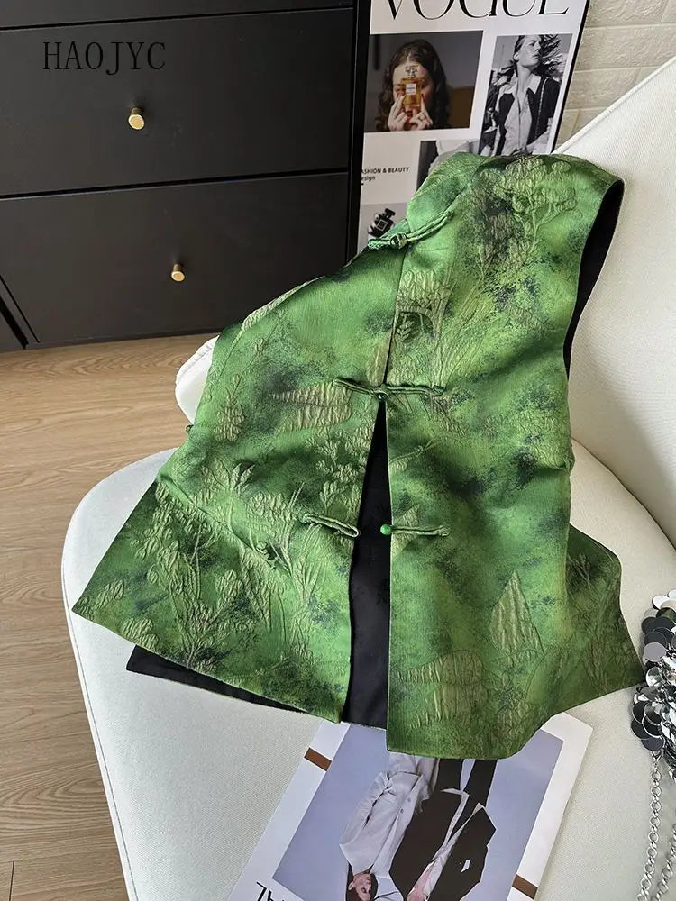 Green Chinese Style Embroidered Vest With Buckle for Women
