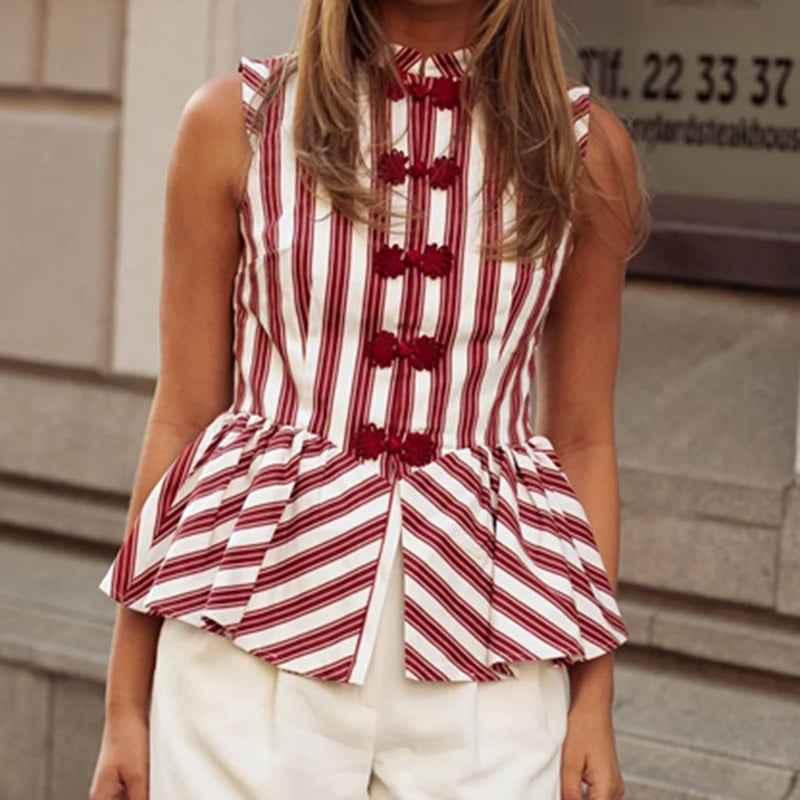 Striped Mandarin Collar Peplum With Button Front Top for Women