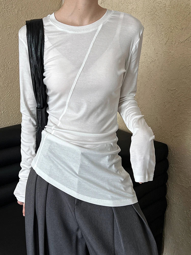 [EAM] Women Gray Thin Perspective Slim Irregular T-shirt New Round Neck Long Sleeve Fashion Tide Spring Autumn 2025 1DH9981