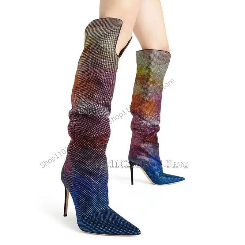 Colorful Crystal Pointed Toe Knee High Stiletto Boots for Women