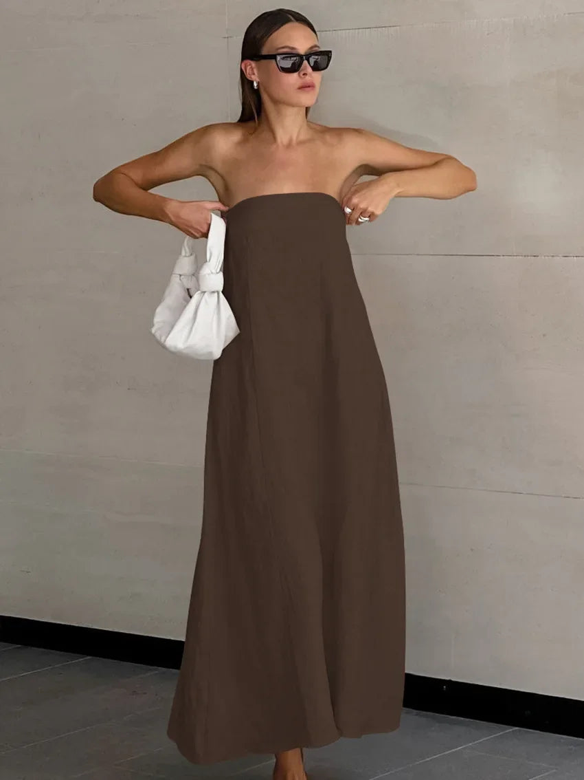 Solid Color Strapless Sleeveless Pocket Dress for Women