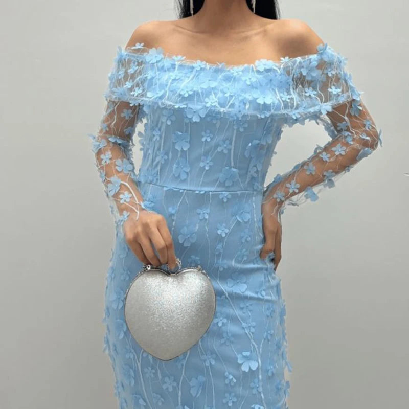 Floral Mesh Off Shoulder Slim Fit Party Long Dress for Women