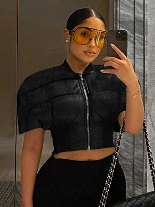 Weird Puss Hipster Zip Jacket Women Thick Padded Autumn New Fashion Shorts Sleeve Quilted Padded Casual Basic Wild Streetwear