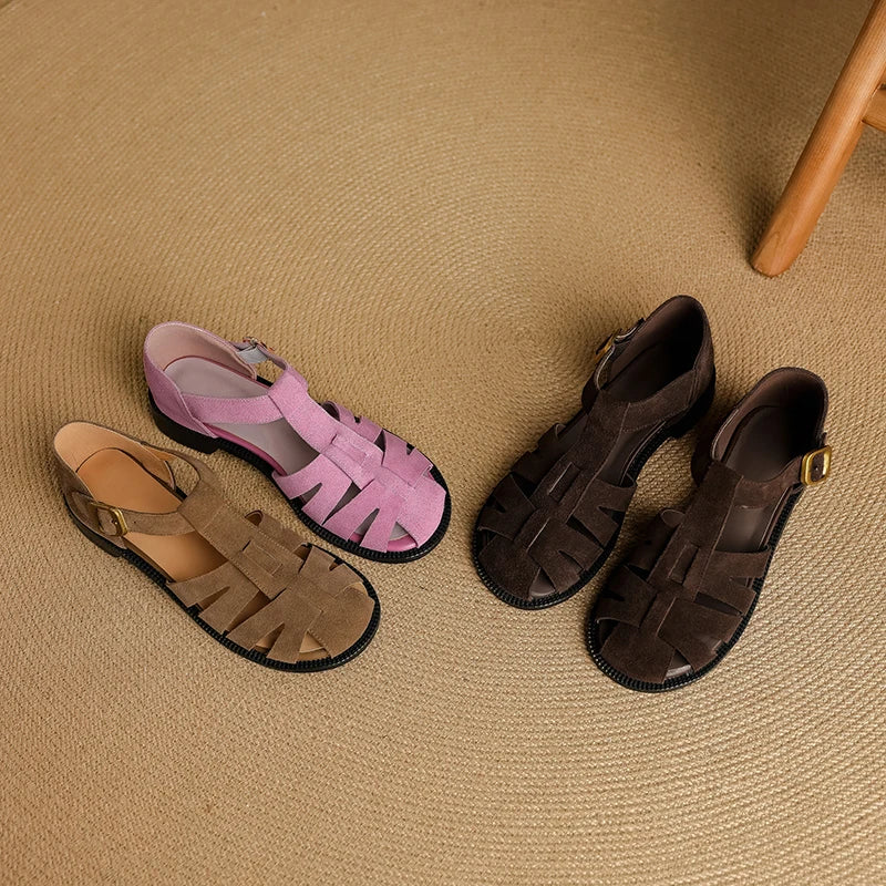 Retro Cowsuede Buckle Strap Closed Toe Sandals for Women