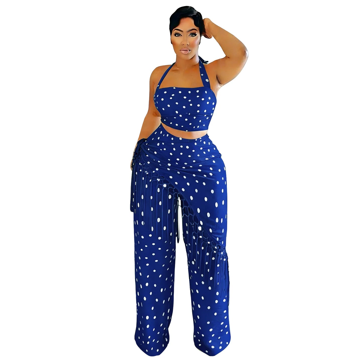 Polka Dot Print Halter Crop Top Tassel Fringe Two Piece Outfit for Women