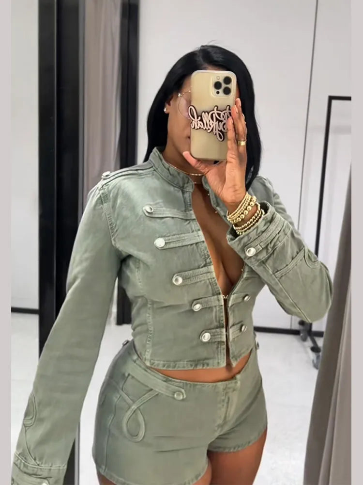 Elegant Slim Fit Stand Collar Denim Jacket Set for Women