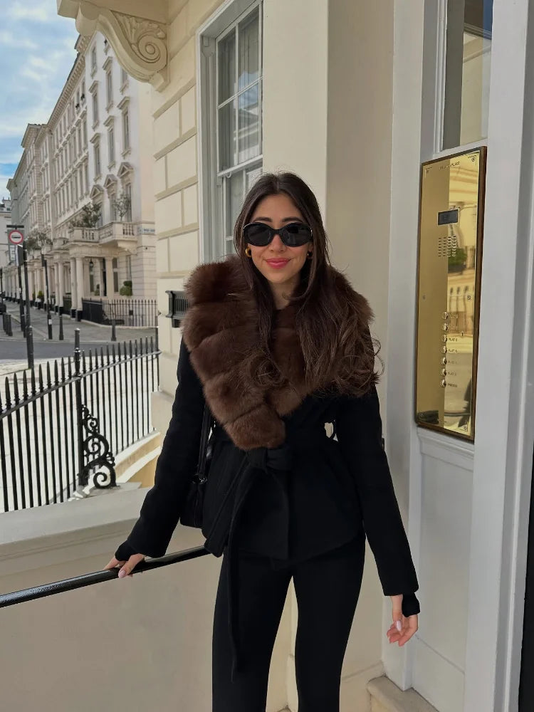 Elegant Faux Fur Belted Winter Coat with Lapel for Women