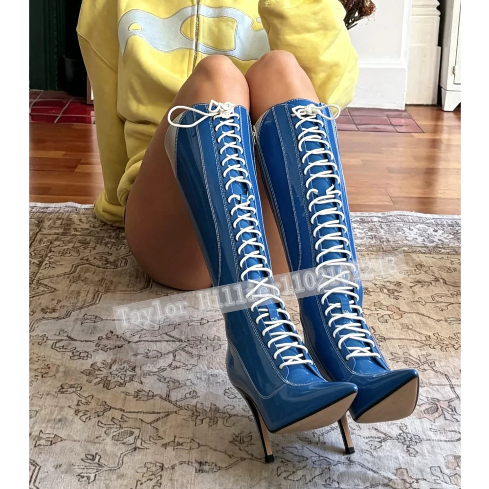 Rose Pink Patent Leather Knee High Stiletto Boots for Women