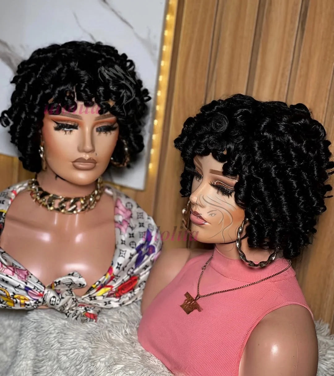 Bouncy Curly Pixie Bob Human Hair Wig With Bangs for Women