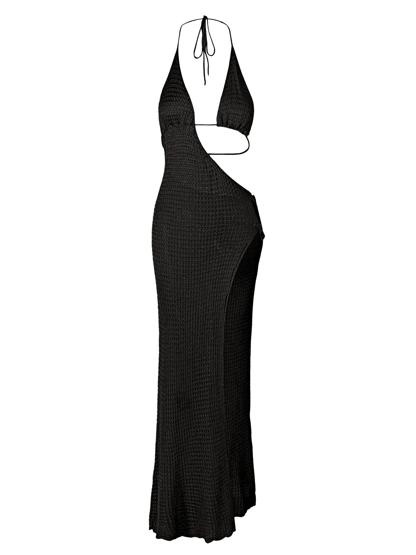 Sexy Slim Low-cut Tie Knit Halter Cut Out Circle Decoration High Slit Beach Maxi Dress 2025 Women Summer Swimsuit Cover Up K88