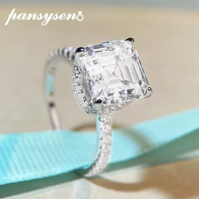 PANSYSEN Luxury 925 Sterling Silver 9*9MM Asscher Cut Real Moissanite Wedding Engagement Ring 18K White Gold Plated Fine Jewelry