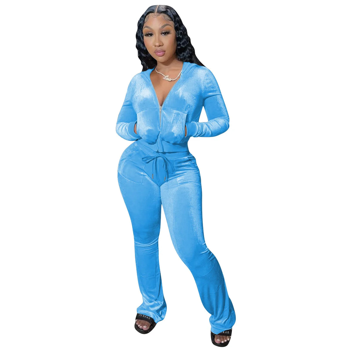 Hooded Zip Top And High Waist Pants Outfit Set for Women