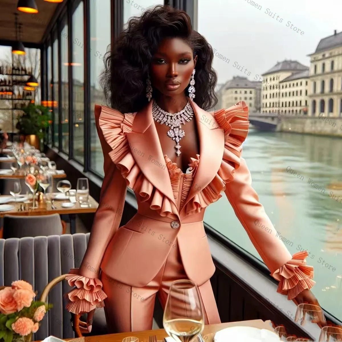 Sophisticated Ruffle Sleeve Two Piece Suit Set for Women