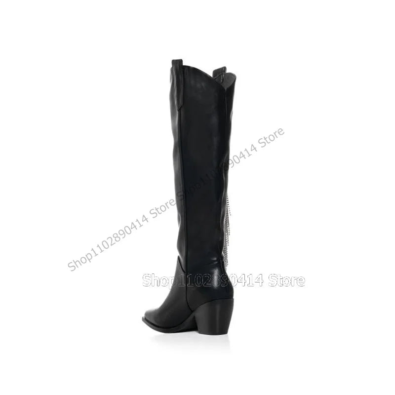 Crystal Tassel Black Leather Pointed Toe Knee High Boots Chunky Heels For Women