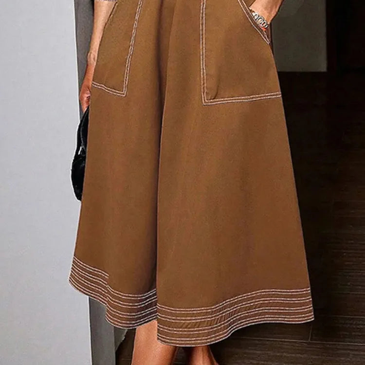 Women Lapel Collar Long Sleeves Contrast Stitch Pocket Belted Midi Dresses Elegant Vintage Casual Office Workwear Shirt Dress