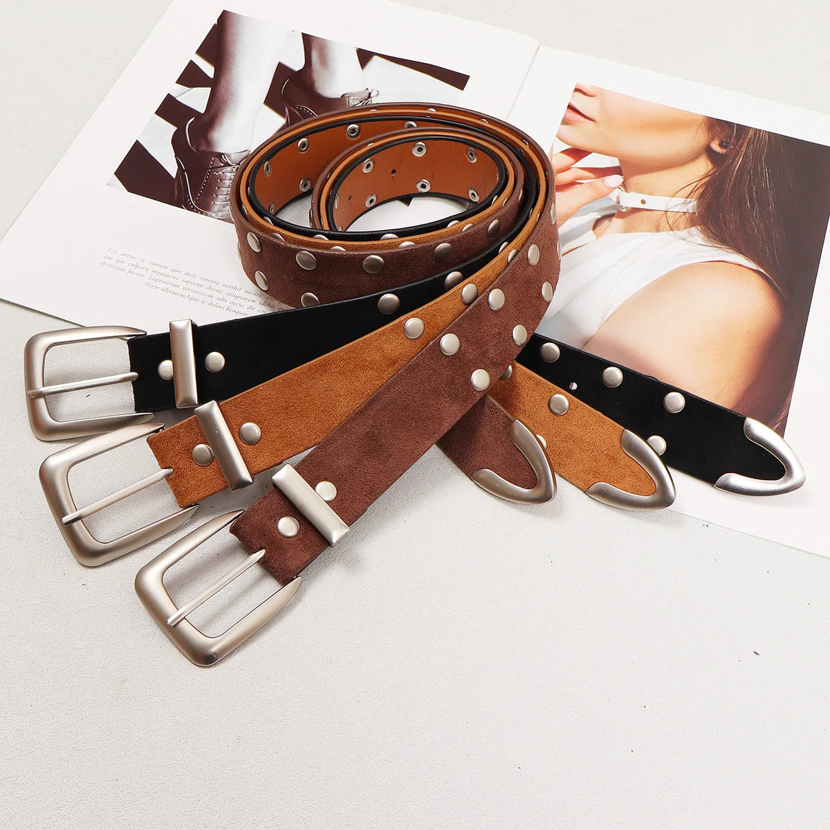 Retro Solid Color Suede Rivet Waist Belt for Women