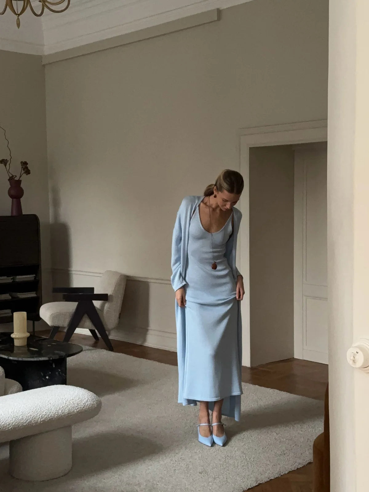 V-Neck Ribbed Knit Maxi Dress Set