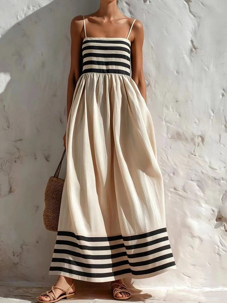 Striped Backless Spaghetti Strap Maxi Dress for Women