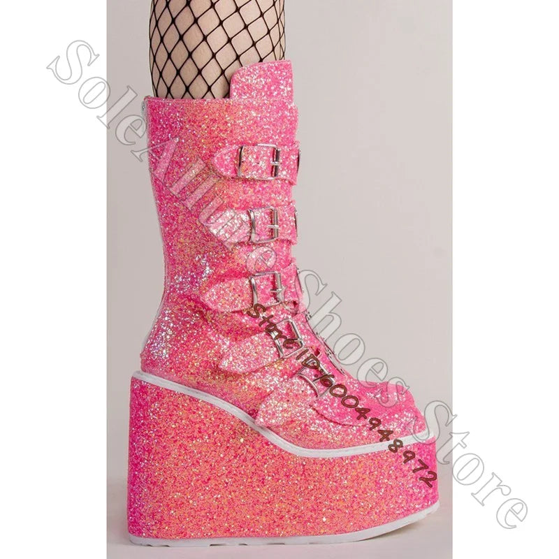Glitter Heart Buckle Adjustable Mid Calf Wedge Boots For Women