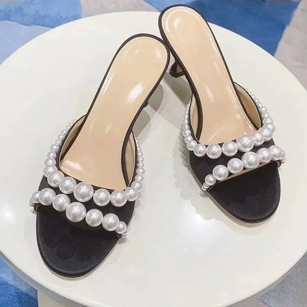 Black Satin Pearl Stiletto Sandals
