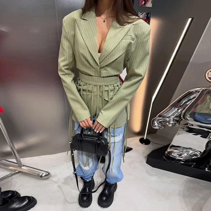 Striped Full Sleeve Blazer With Detachable Tassel Lapel for Women