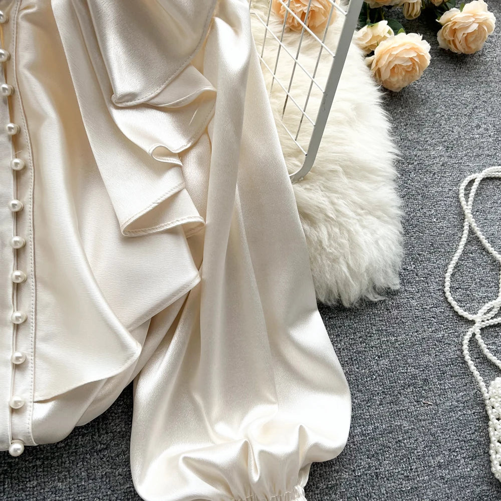 Elegant Satin Ruffle Long Sleeve Blouse for Women