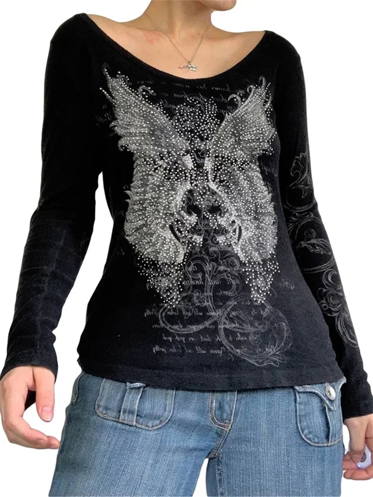 Gothic Rhinestone Graphic Long Sleeve Tee for Women