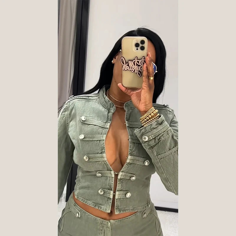 Elegant Slim Fit Stand Collar Denim Jacket Set for Women