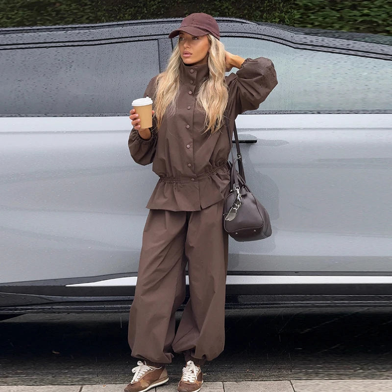 Ruffle Hem Jacket and Jogger Pants Two Piece Set for Women