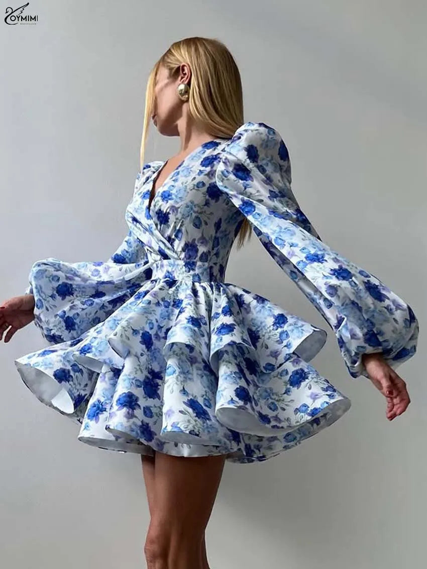 Oymimi Fashion Blue Print Womens Dresses Elegant V-Neck Long Sleeve Zipper Dresses Casual High Waist Pleated Mini Dress Female