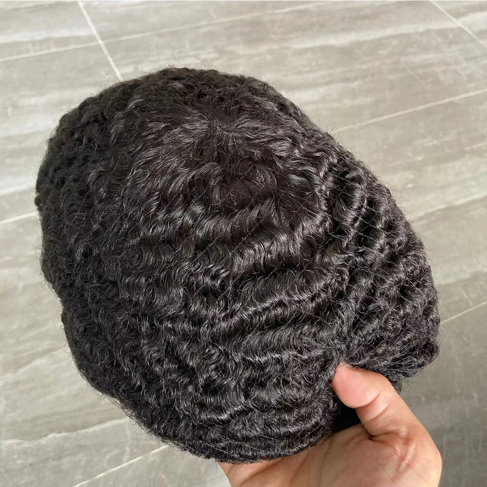 Curly Human Hair Toupee Replacement System for Men